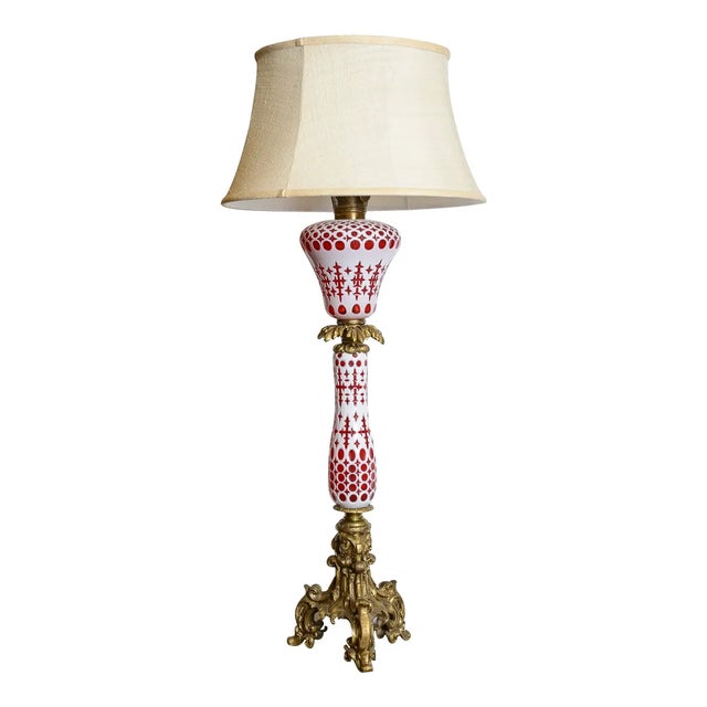 Pair of distinctive cranberry glass oil lamps converted to electric. 18.5" diameter with shades. They are probably Boston...