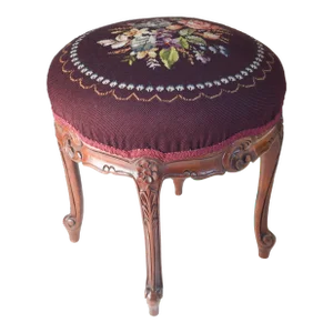 20th Century French Louis XV Carved Walnut Stool With Floral Needlepoint Cushion