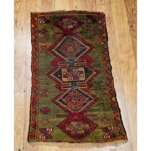 Antique Turkish Oushak Area Rug, Handwoven Wool, Geometric, Green & Red, 2' x 3' For Sale - Image 11 of 11