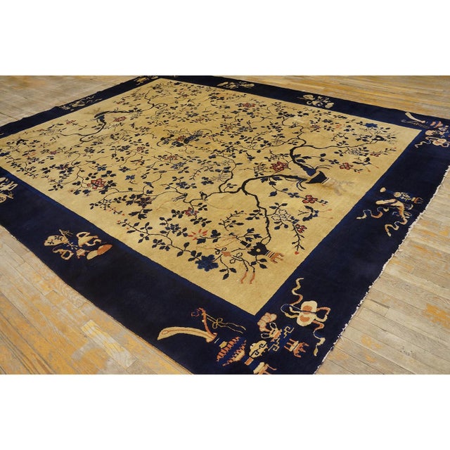 Textile 1920s Beige Cream Tree-of-Life Vase Deco Traditional Antique Chinese Peking Rug For Sale - Image 7 of 9