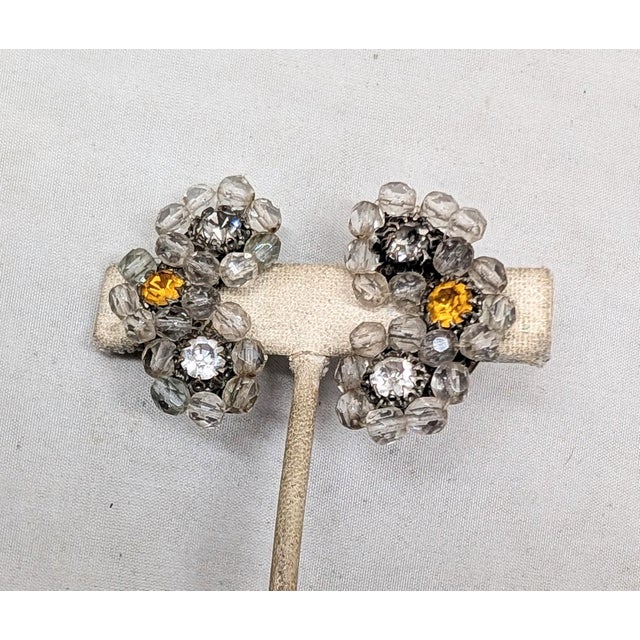 Vintage 1960s Signed Ornella Italy Clear Beaded Clear & Faux-Citrine Clip Earrings-2 Pieces For Sale - Image 4 of 8