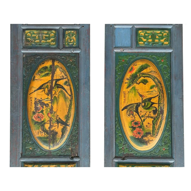1960s Pair Vintage Chinese Teal Blue Yellow Fujian Style Graphic Wood Wall Door Panels For Sale - Image 5 of 11