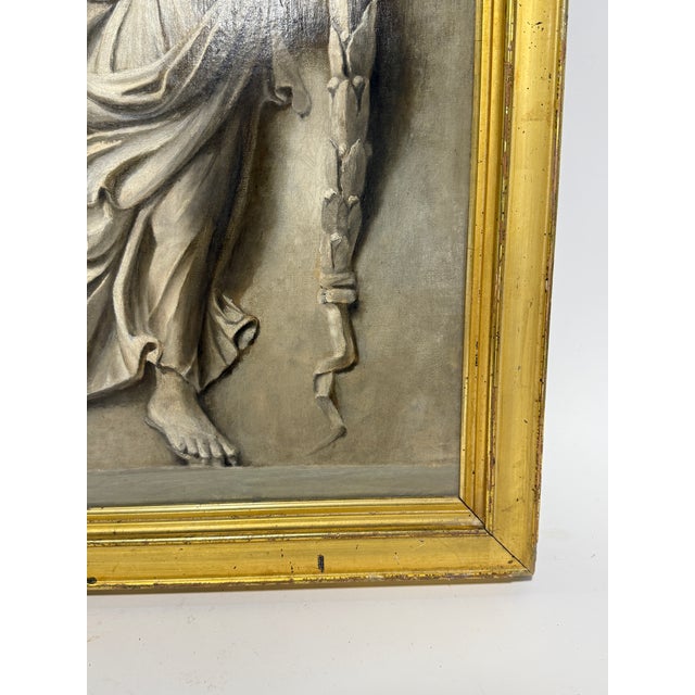 A striking 19th-century grand tour era neoclassical grisaille oil on canvas, painted in trompe-l’oeil imitation of carved...