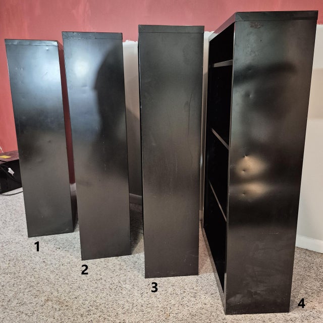 Vintage MCM Industrial Black Steel Tanker Bookcases Book Shelves W/ Adjustable Shelves, Set of 4 For Sale - Image 9 of 18