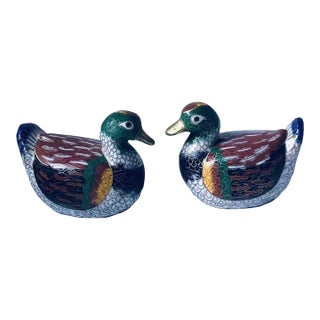 Pair of Vintage Cloisonné Enamel Mandarin Duck Figures – Pair, Floral & Feather Motif For Sale