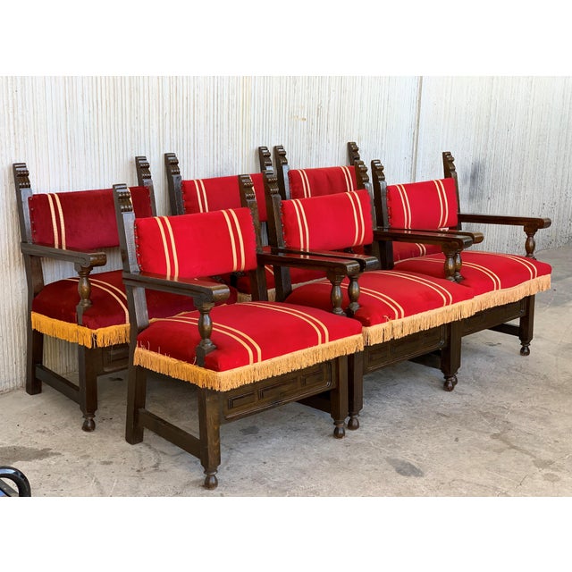 Spanish Low Armchairs in Carved Walnut and Red Velvet Upholstery '46units' For Sale - Image 9 of 13