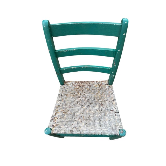 Wood Antique Green Painted Rattan Chair Distressed Rustic Shabby Chic For Sale - Image 7 of 11