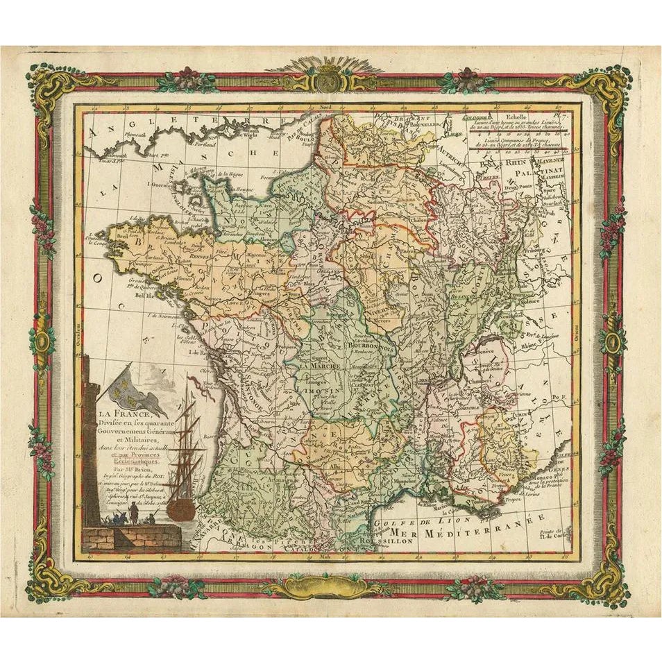 Antique Map of France with Decorative Border, 1766 | Chairish