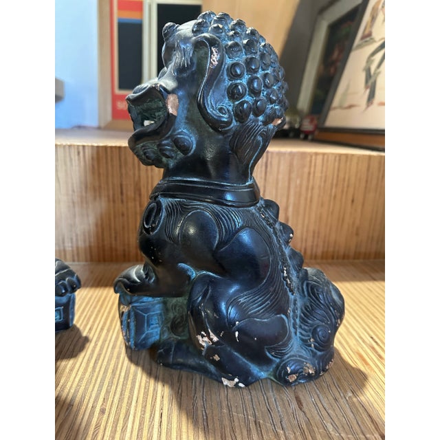 Mid 20th Century Black Glazed Terra Cotta Chinese Foo Dogs Lions- a Pair For Sale - Image 11 of 12