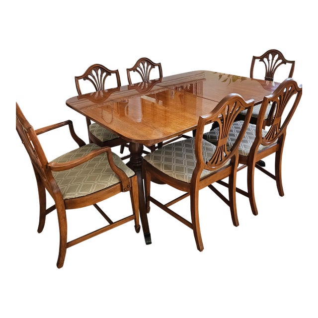 1960s Drexel Mahogany Double Pedestal Dining Table and Chairs For Sale