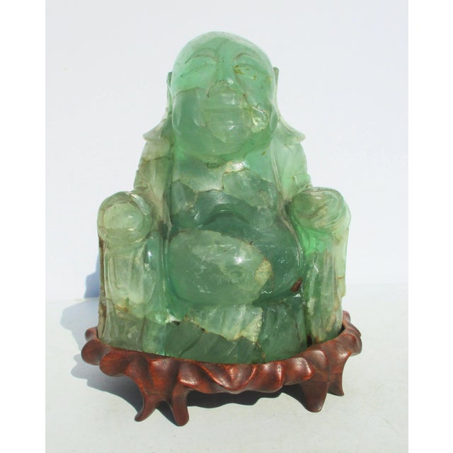 Vintage Chinese Fluorite Hotei Buddha on Wooden Stand For Sale - Image 12 of 12
