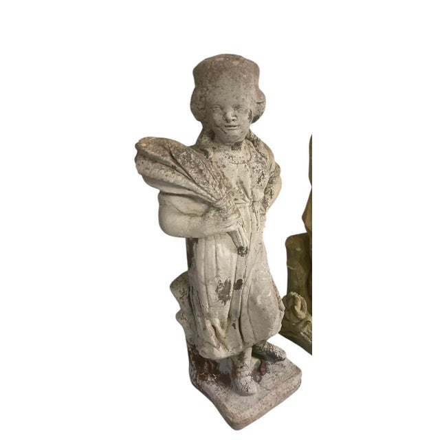 1990s Vintage Weathered Cast Stone "Country Life" Allegorical Girl Garden Statue For Sale - Image 5 of 5