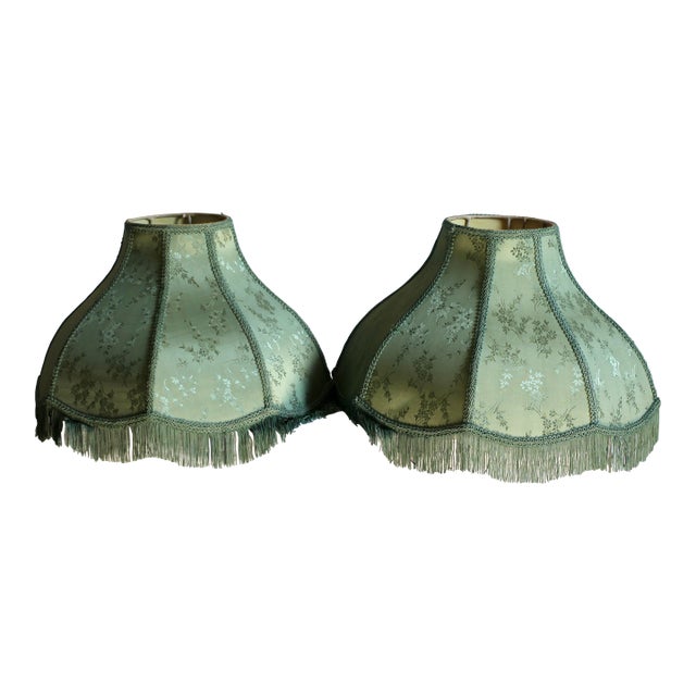 Pair of Large Green Fringe Lampshades From the 1980s For Sale