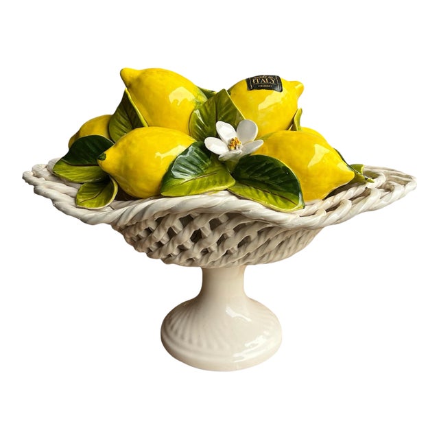 Italian Hand-Painted Majolica Lemon Compote Pedestal Bowl – Handmade Ceramic Centerpiece, Tuscany For Sale