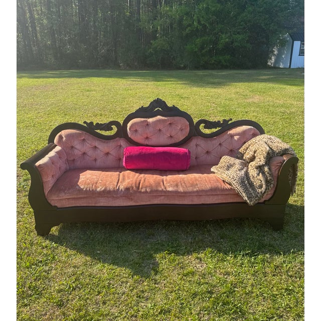 Victorian Pink Velvet Antique Victorian Sofa For Sale - Image 3 of 9