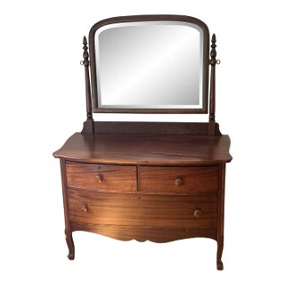 Antique Victorian Style Mahogany Bow-Front 3-Drawer Chest & Tilting Arched Vanity Mirror For Sale