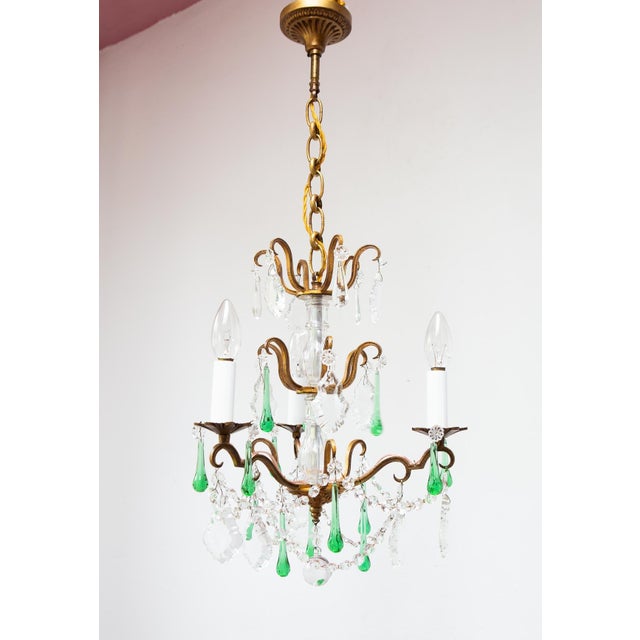 Antique French Chandelier with Bronze Drops and Green Crystal, 1960s For Sale - Image 9 of 9