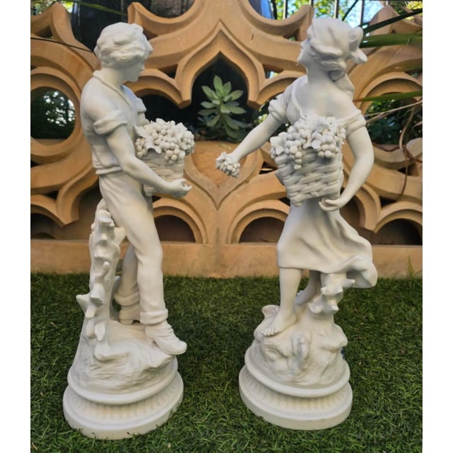 Beaux-Arts Pair of 19th C French Bisque Porcelain Peasant Figures“Paysan Aux Raisins” and “Paysanne Aux Raisins,” After Hippolyte François Moreau, Samson, Paris For Sale - Image 3 of 12