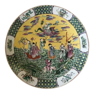 19th Century Qing Dynasty 18" Famille Jaune Charger Chinese Asian Antique