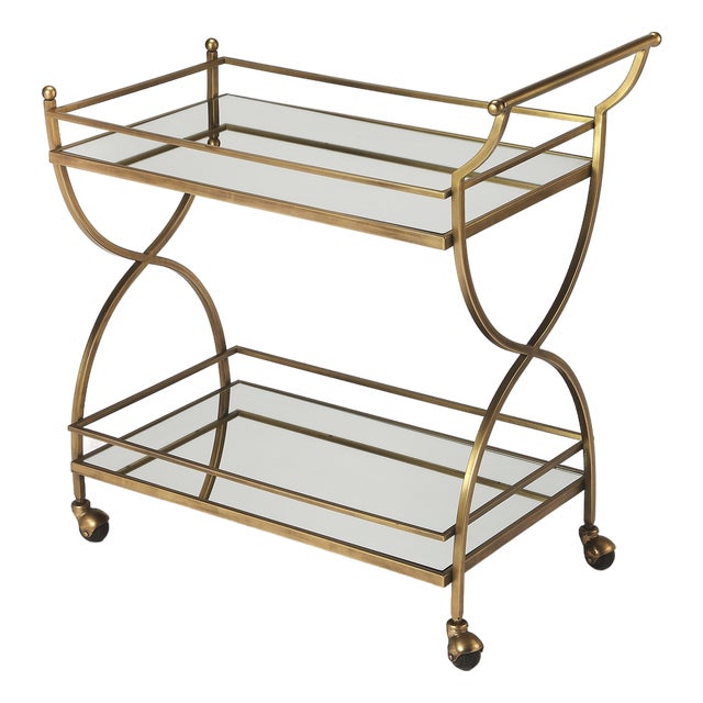 Graci 38 in. W Rectangular Mirror and Metal Antique Mobile Bar Cart, Antique Gold For Sale