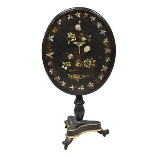 Antique English Victorian Mother of Pearl Inlay Black Lacquer Tilt Top Table For Sale
