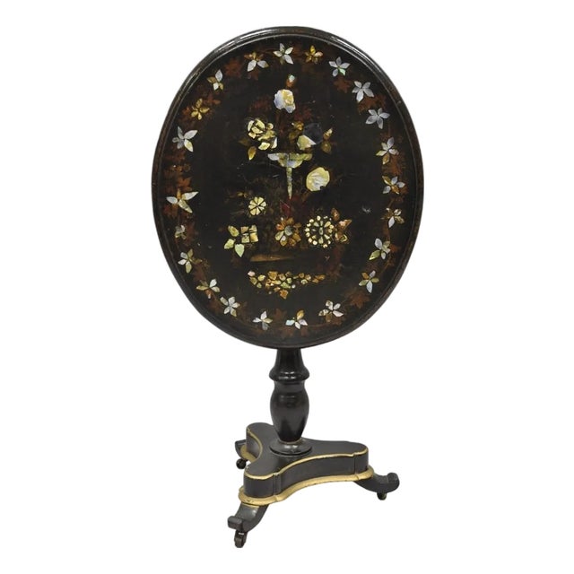 Antique English Victorian Mother of Pearl Inlay Black Lacquer Tilt Top Table For Sale