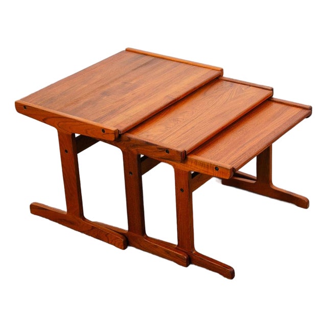 Mid Century Danish Modern Nesting Tables Solid Teak Set 3 Denmark Sled MCM Wood For Sale