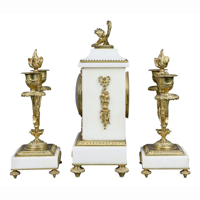 Bronze Louis XVI Style Marble and Bronze Clock Garniture - 3 Piece Set For Sale - Image 8 of 12