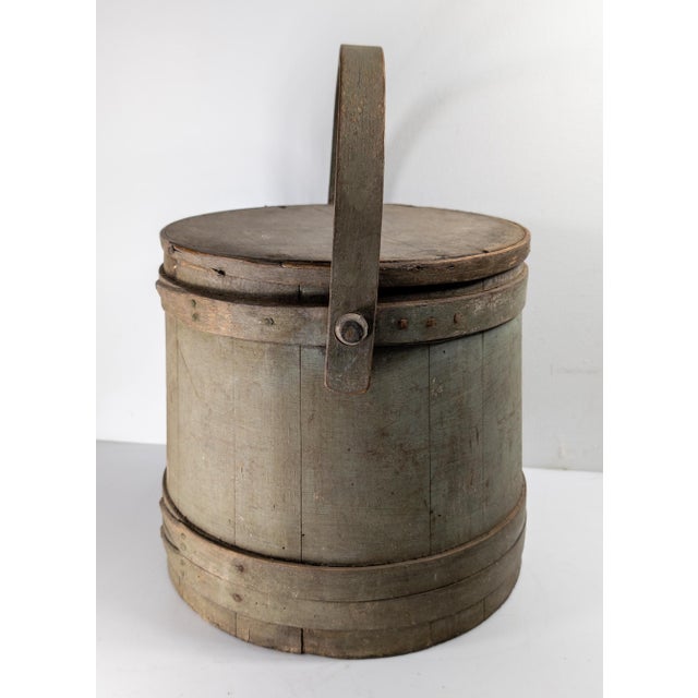 19th Century 19th Century Rustic Primitive Farmhouse Grey Green Painted Firkin Bucket For Sale - Image 5 of 15
