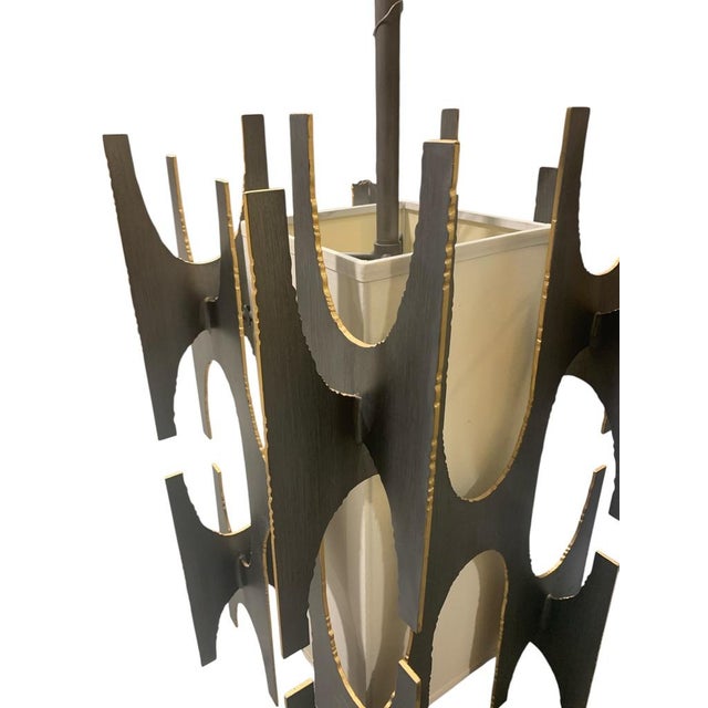 Contemporary Brutalist Iron Pendant Lamp With Gold Leaf Accent For Sale - Image 3 of 8