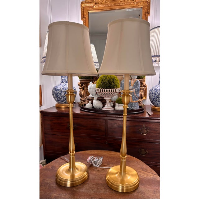 Contemporary Ralph Lauren Brushed Gold Tall Buffet Lamps With Off White Silk Shades, a Pair For Sale - Image 6 of 9