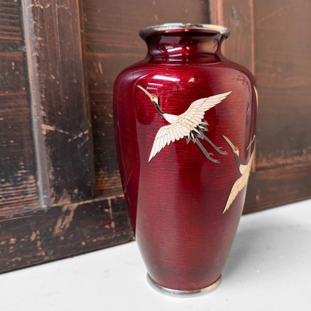 Mid-Century Modern Shippo-Yaki Cloisonné Vase Cranes, Andō Shippōten, 1970s For Sale - Image 3 of 18