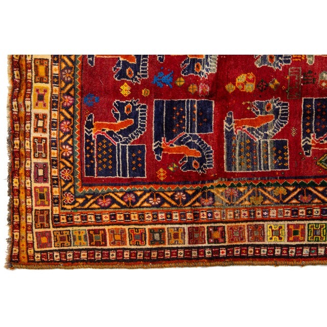4 X 8 Vintage Persian Shiraz Pictorial Wool Rug in Red For Sale - Image 4 of 9