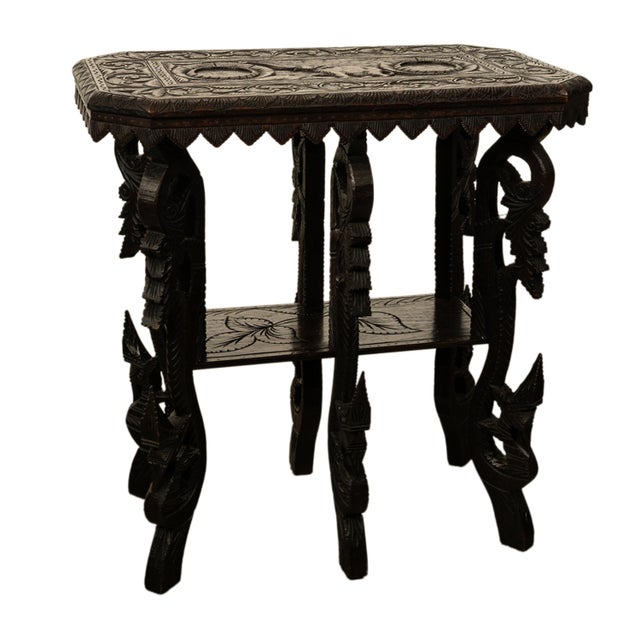 Wood Antique Carved Anglo Indian Teak Wood Elephant Twin Tier Lamp Side Table 1900 For Sale - Image 7 of 17