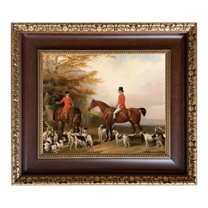 The Meeting Fox Hunt Scene 11x14" Framed Print on Canvas in Wide Brown & Antiqued Gold Frame