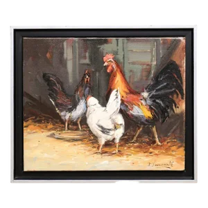 French Late 20th Century Framed and Signed Oil on Canvas Barnyard Scene Painting