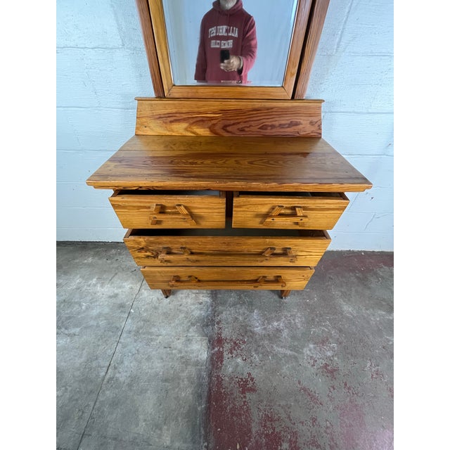 Tan Mid 20th Century Pine Dresser With Beveled Mirror and Sculptural a-Frame Wooden Pulls For Sale - Image 8 of 10