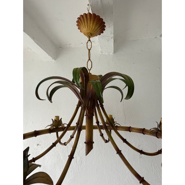Mid-Century Modern 1 of 2 C 1950 French Tole Palm Tree 6 Light Chandelier Rare Shape and Big Size For Sale - Image 3 of 5
