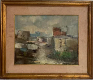 Pietro Virgilio Lietti, Figures Along The Canal, 1900s, Oil on Panel, Framed