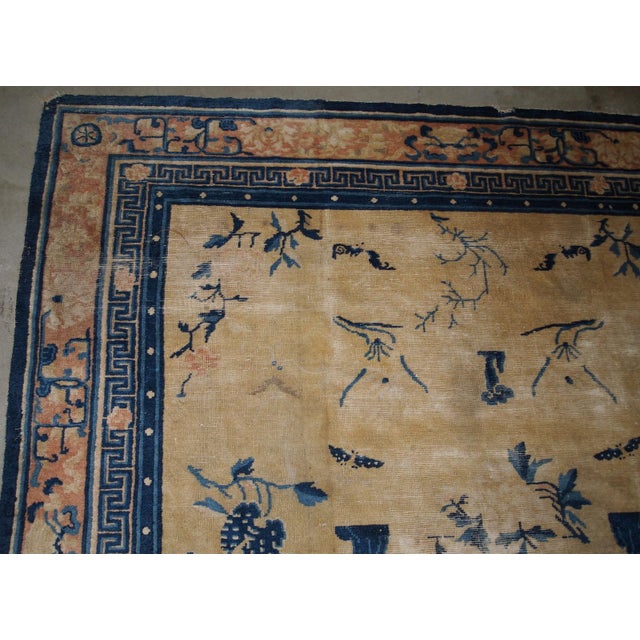 Handmade antique collectible Chinese Ningxia rug in yellow shade. The rug is in original condition, has age wears....