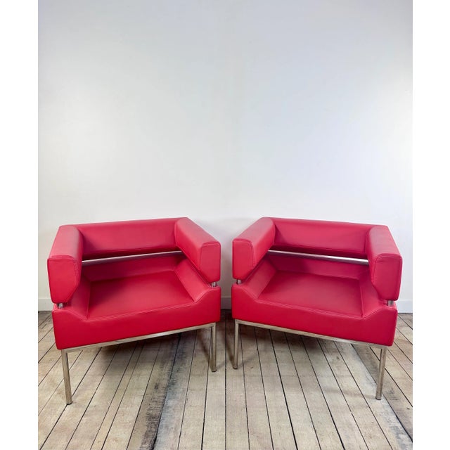 Set of Armchairs in Red Leatherette and Chrome Aluminum, 1980s For Sale - Image 4 of 9