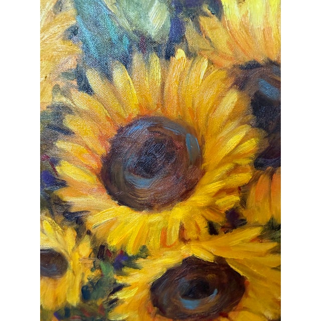 Original oil painting of sunflowers in a copper pot in a beautiful wood, gold frame with linen edge by Texas artist,...