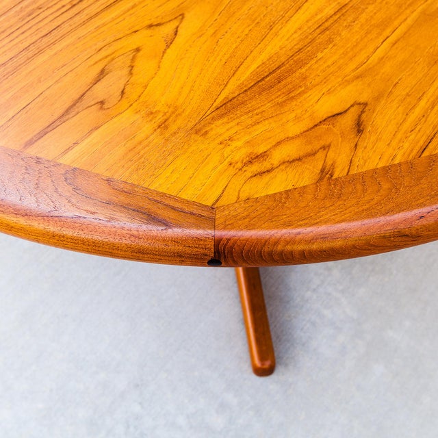 Brown 1980s Restored Danish Modern Teak Pedestal Base Dining Table With Two Extensions For Sale - Image 8 of 12
