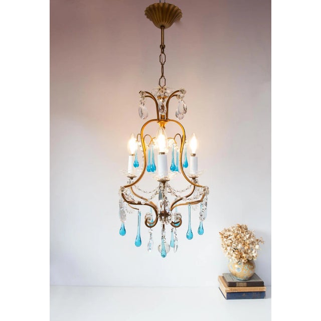 Vintage Italian Chandelier with Blue Glass Droplets, 1950s For Sale - Image 4 of 9