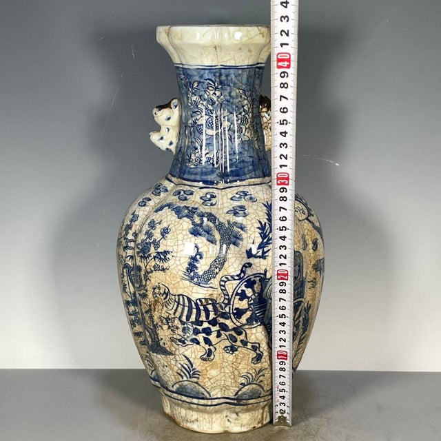 Chinese Blue & White Crackle Glaze Porcelain Vase With Tiger & Figural Motif For Sale - Image 4 of 9