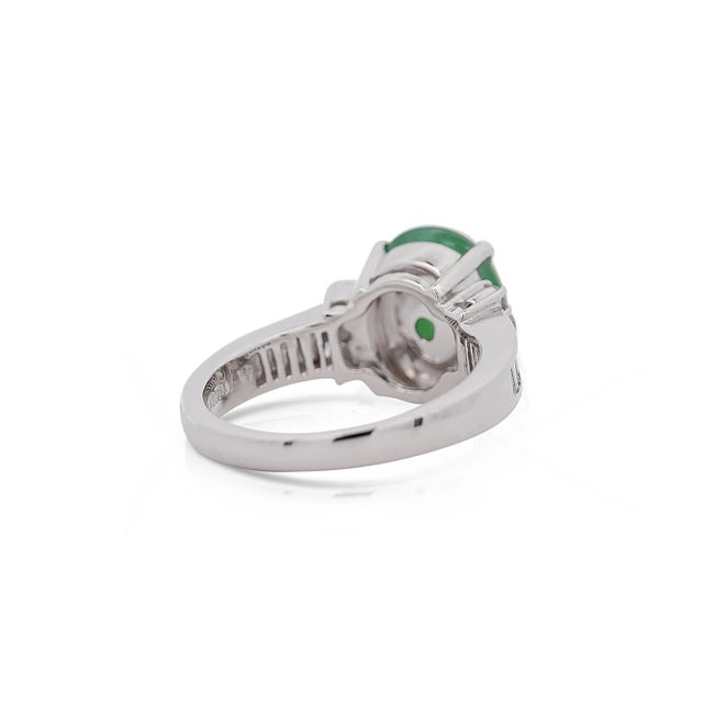 Certified 4.17 Carat Untreated Jadeite Jade and Baguette Diamond Platinum Ring For Sale - Image 9 of 10