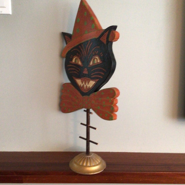 Victorian Inspired Hand Made Free Standing Folk Art Black Halloween Cat by Northern California Folk Artist For Sale - Image 4 of 12