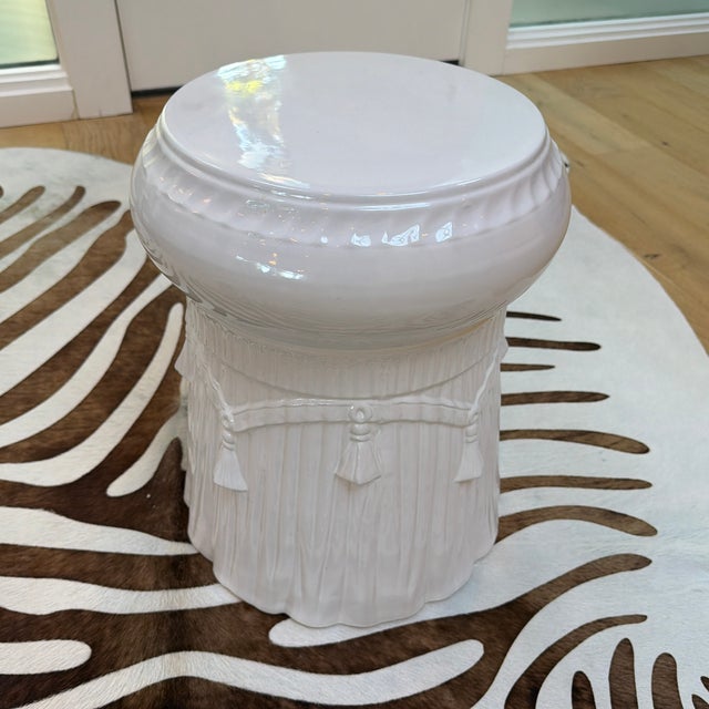 Vintage White Glazed Ceramic Garden Stool With Draped Rope and Tassel Design For Sale In New York - Image 6 of 9