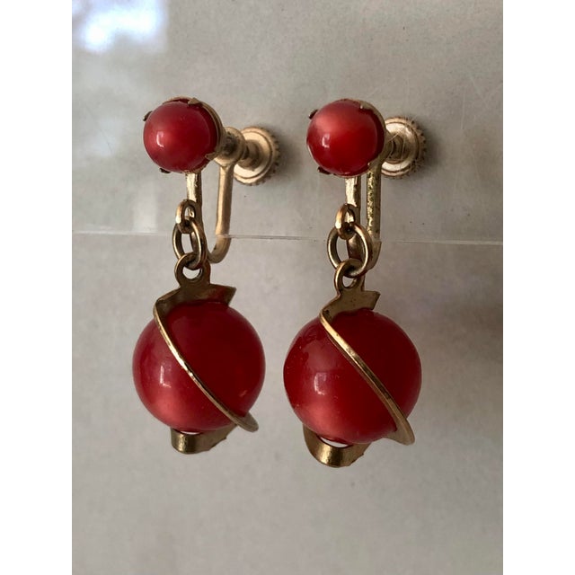 Mid-Century Modern 1960s Red Saturn Orb Dangle Earrings, A Pair For Sale - Image 3 of 7