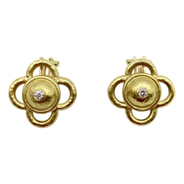 Vintage Elizabeth Locke Quatrefoil 18k Gold and Diamond Earrings, A Pair For Sale